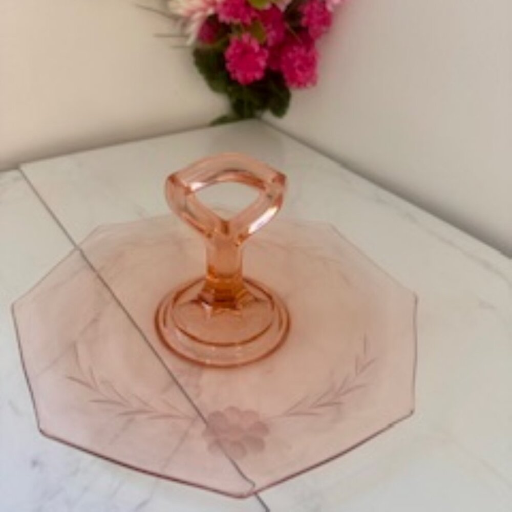 Vintage Pink Depression Glass Octagonal Platter‎ with Etched Cornflower Design